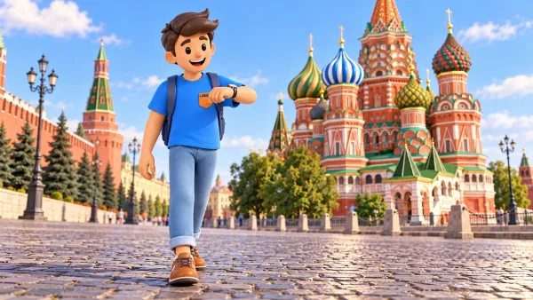 Un voyageur regarde sa montre près de Saint-Basile, illustration 3D