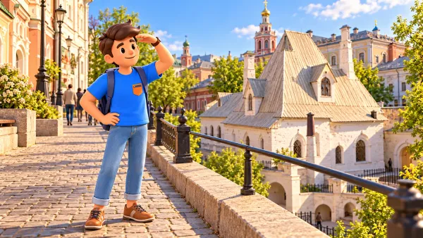 Un voyageur observe les demeures anciennes près de Varvarka, illustration 3D