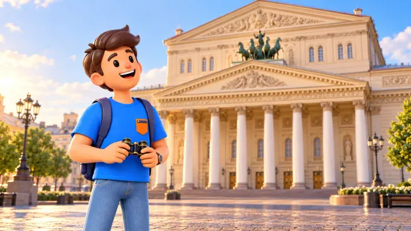 Un voyageur avec des jumelles devant une façade stylisée du Bolchoï, illustration 3D