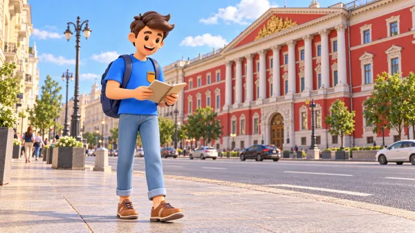 Un voyageur avec un carnet sur Tverskaïa près de la mairie rouge et blanche, illustration 3D