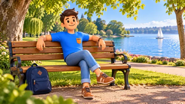 Un voyageur se repose sur un banc dans un parc au bord du lac
