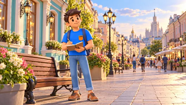 Un voyageur prend des notes sur Arbat, illustration 3D