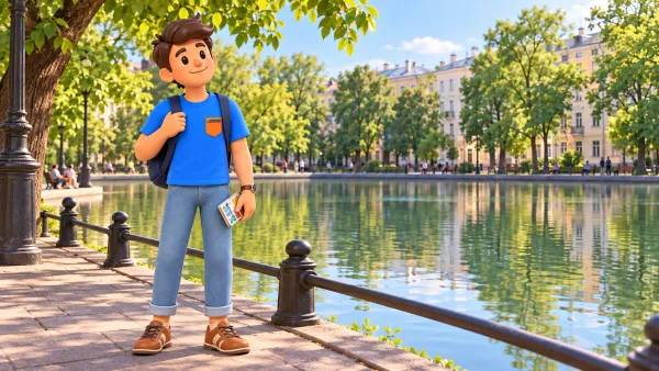 Un voyageur près d’un étang urbain avec une boîte d’aquarelle, illustration 3D