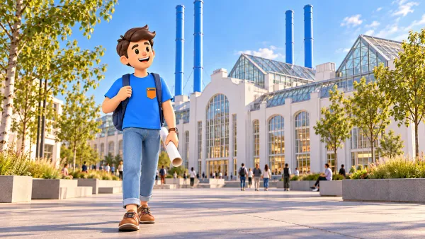 Un voyageur devant le bâtiment industriel blanc de GES-2 aux cheminées bleues, illustration 3D