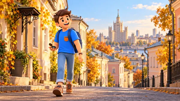 Un voyageur dans une ruelle en pente illustrative avec la silhouette d’une tour, illustration 3D