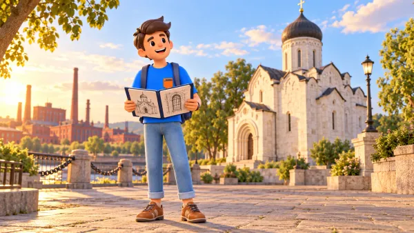 Un voyageur avec des croquis dans une composition illustrée d’église en pierre blanche et d’usines, illustration 3D