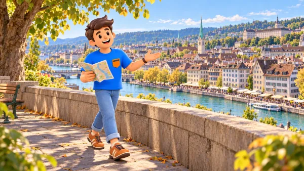 Illustration d’un voyageur avec une carte sur la terrasse du Lindenhof