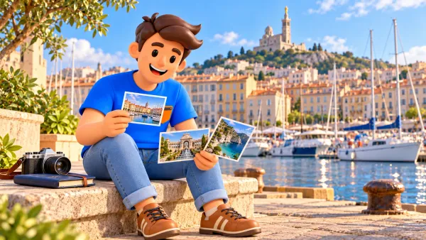 Voyageur illustré choisissant des cartes de Marseille au Vieux-Port