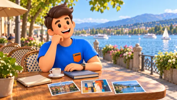 Illustration d’un voyageur préparant sa journée dans un café au bord du lac