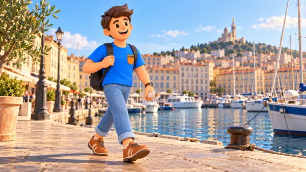Voyageur illustré commençant sa promenade au Vieux-Port avec un guide roulé