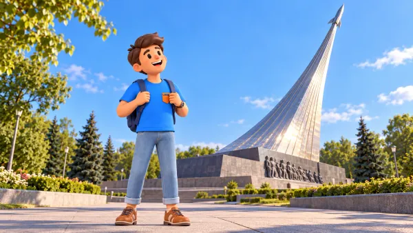 Un voyageur près du monument stylisé aux Conquérants de l’espace, illustration 3D