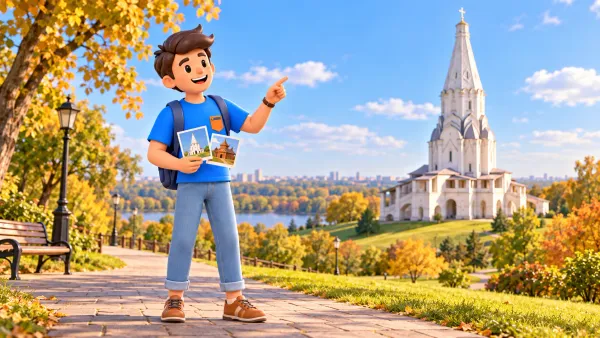 Un voyageur choisit entre des cartes d’église et de palais près de l’Ascension stylisée, illustration 3D