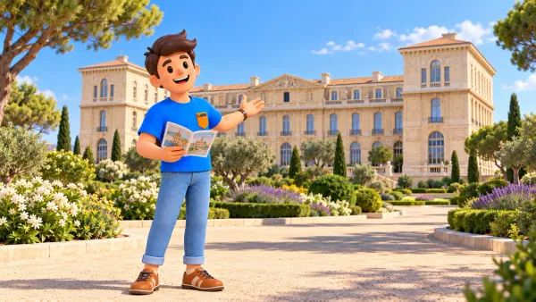 Voyageur illustré avec un guide devant une évocation de la façade du palais du Pharo