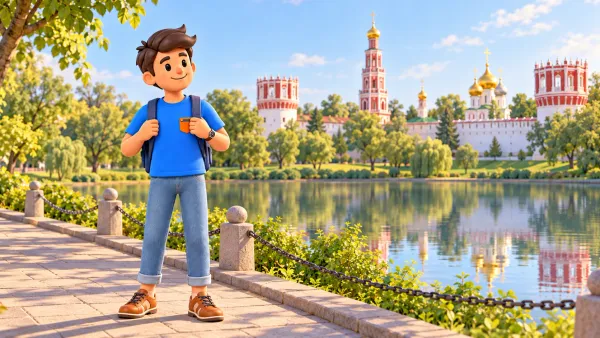 Un voyageur près d’un étang devant les murs et le clocher stylisés de Novodievitchi, illustration 3D