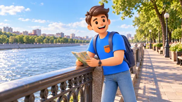 Un voyageur avec un dépliant près d’une rambarde au bord du fleuve, illustration artistique 3D d’un quai de parc moscovite