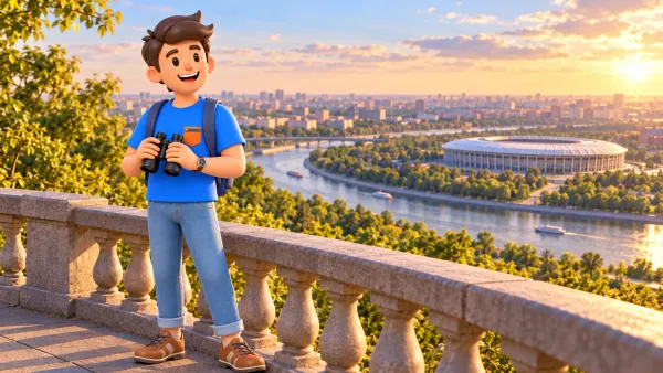 Un voyageur avec des jumelles devant un panorama haut illustratif du fleuve et du stade, illustration 3D