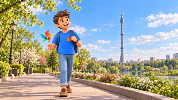 Un voyageur avec un moulin en papier devant une tour Ostankino stylisée, illustration 3D