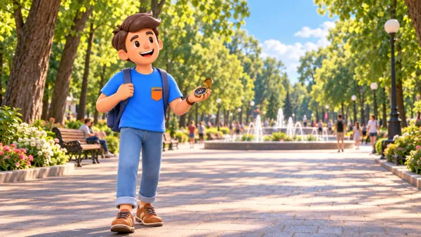 Un voyageur avec une boussole dans une allée inspirée de Sokolniki près d’une fontaine, illustration 3D