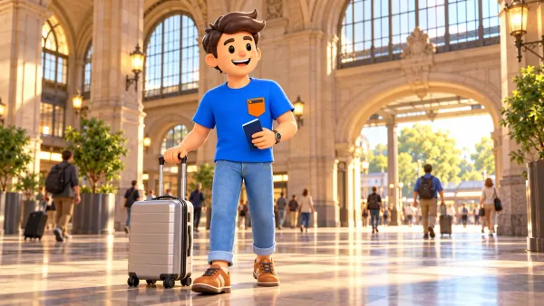 Illustration d’un voyageur avec une valise dans un hall de gare imaginaire