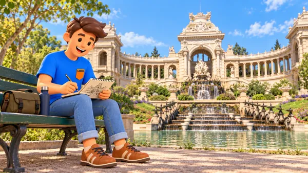 Voyageur illustré dessinant devant une évocation photographique de la fontaine et des colonnades de Longchamp