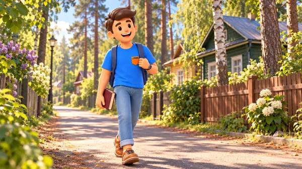 Un voyageur avec un livre dans un village d’écrivains stylisé, illustration 3D