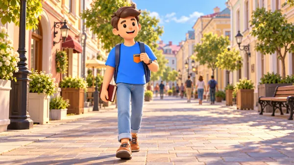Un voyageur avec un livre fermé marche dans une rue moscovite illustrée, illustration 3D