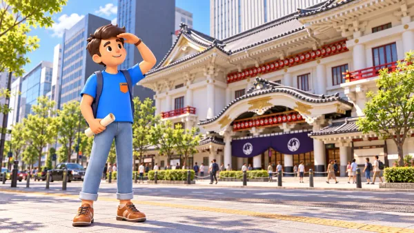 Le voyageur RoadMe observe une façade théâtrale stylisée de Ginza avec un programme roulé.
