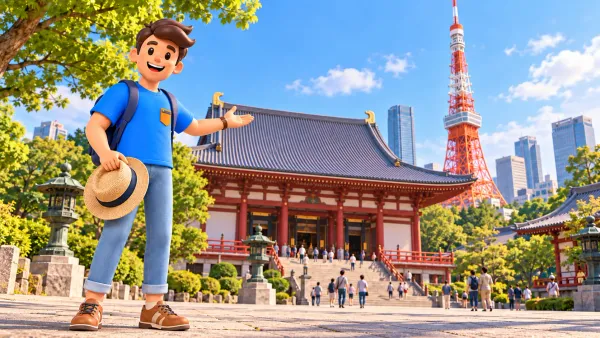 Voyageur tenant un chapeau près du bâtiment principal de Zojoji, la Tokyo Tower se dressant derrière sur un site distinct.