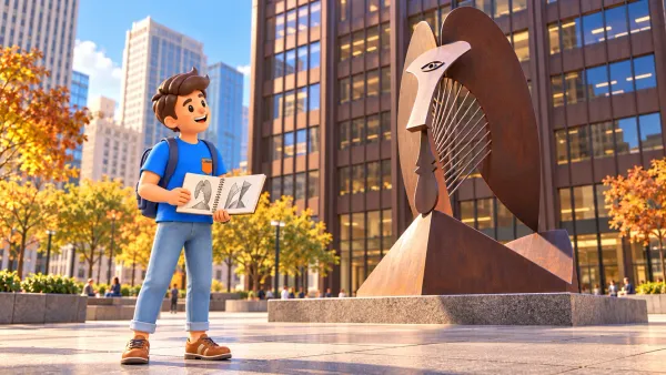 Voyageur avec un carnet comparant les formes du Picasso sur Daley Plaza.
