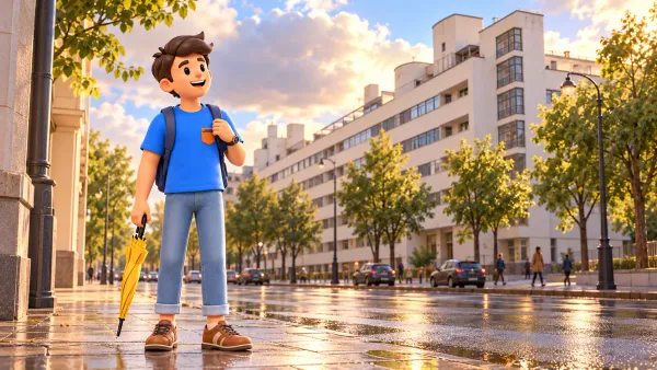 Un voyageur avec un parapluie fermé près d’un immeuble moderniste illustré, illustration 3D