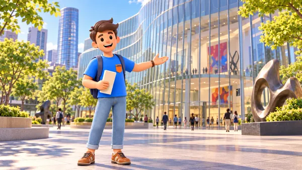 Voyageur avec une brochure devant un bâtiment culturel vitré