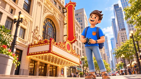 Voyageur avec des jumelles observant la façade et l’enseigne verticale du Chicago Theatre.