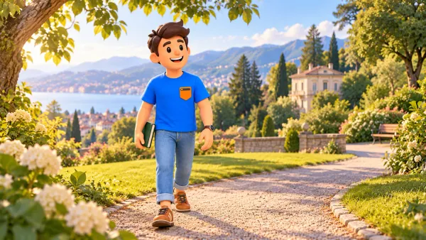 Illustration d’un voyageur sur un chemin près d’une villa imaginaire