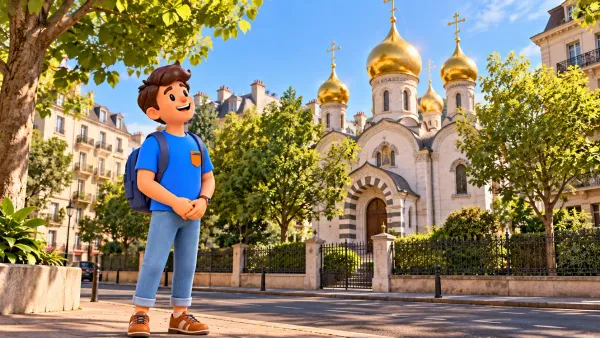 Un voyageur observe une église blanche aux coupoles dorées depuis la rue