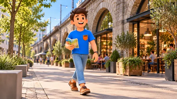 Illustration d’un voyageur près d’arches en pierre imaginaires avec boutiques