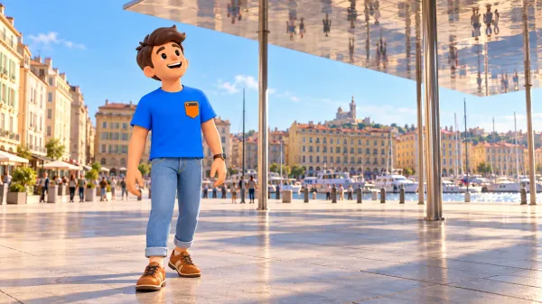 Voyageur illustré levant les yeux vers le miroir de l’Ombrière au Vieux-Port de Marseille