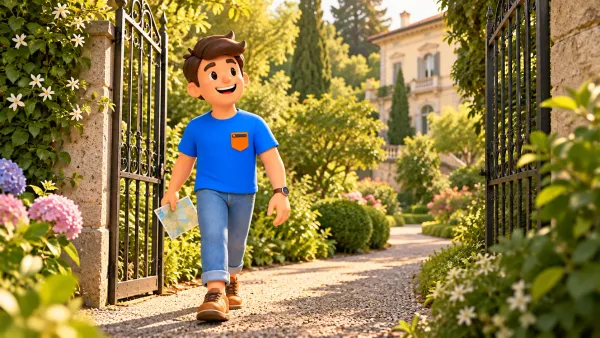 Illustration d’un voyageur entrant dans le jardin d’une villa imaginaire