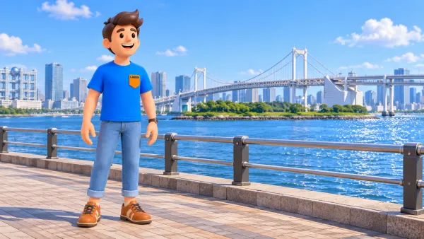 Voyageur au bord de l’eau à Odaiba face au Rainbow Bridge.