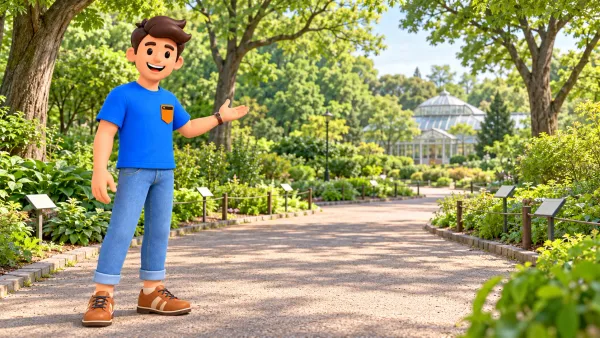 Voyageur dans une allée verte du jardin botanique.