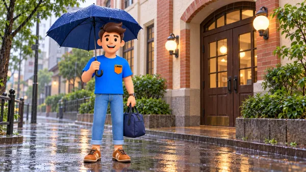 Voyageur avec un parapluie près d’une entrée de musée à Yotsuya sous la pluie.