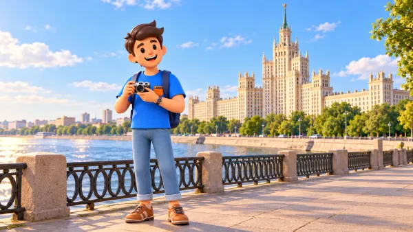 Un voyageur avec appareil photo devant une tour moscovite illustrative sur l’autre rive, illustration 3D