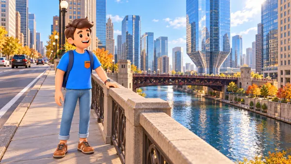 Voyageur sur un trottoir en hauteur regardant 150 North Riverside sur l’autre rive.