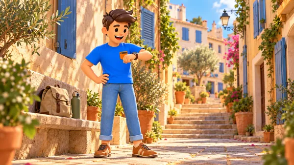Voyageur illustré regardant sa montre avant une balade dans une ruelle inspirée du Panier avec escaliers