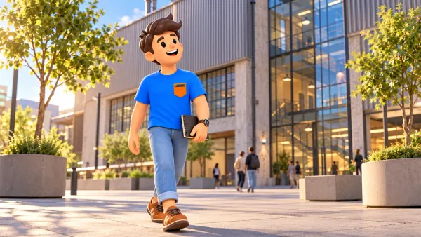 Illustration d’un voyageur près d’un campus industriel imaginaire