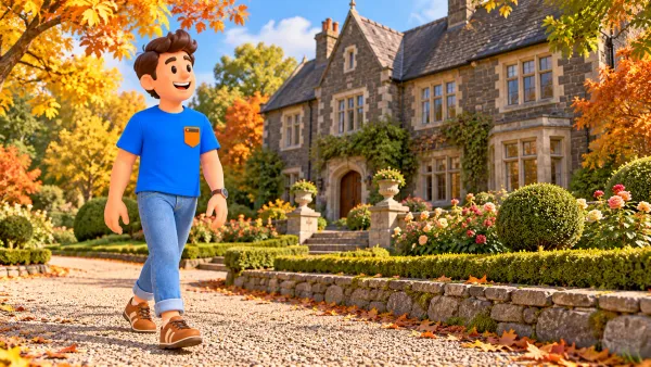 Voyageur près d’un manoir de pierre sombre et de plantations automnales.