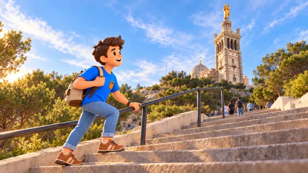 Voyageur illustré montant les marches vers une évocation photographique de Notre-Dame de la Garde