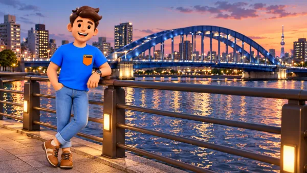 Voyageur près du pont bleu Eitai au crépuscule.