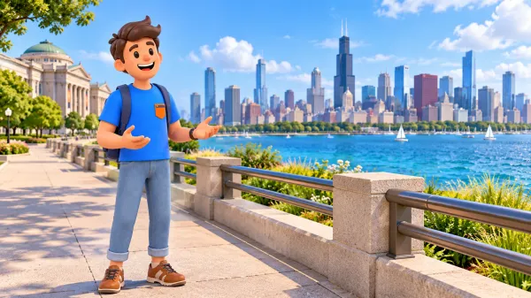 Voyageur admirant la skyline de Chicago depuis un chemin au bord du lac.
