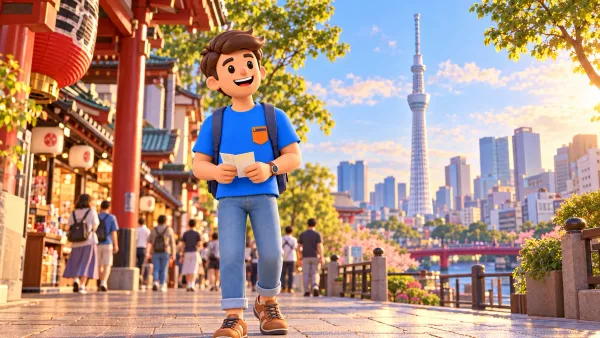 Voyageur avec un billet et Skytree au loin