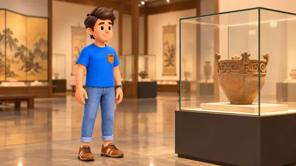 Voyageur observant un vase en argile dans une vitrine